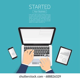 Hands typing text on the computer laptop keyboard and using smartphone, tablet for communication. Technology and business concept. Online shopping.