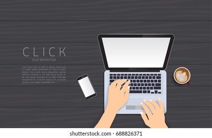 Hands typing text on the computer laptop keyboard and using smartphone for communication. Technology and business concept. Online shopping.