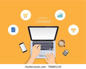 Hands typing text on the computer laptop keyboard and using smartphone, tablet for communication and business icon. Technology and business concept. Online shopping.