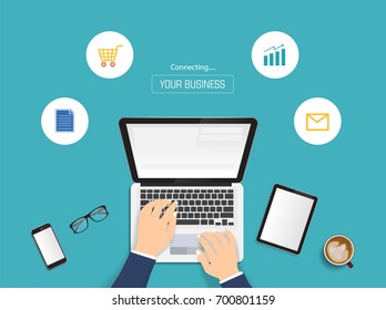 Hands typing text on the computer laptop keyboard and using smartphone, tablet for communication and business icon. Technology and business concept. Online shopping.