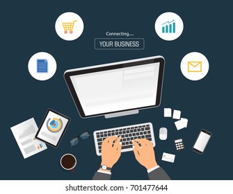 Hands typing text on the computer laptop keyboard and using smartphone, tablet for communication and business icon. Technology and business concept. Online shopping.