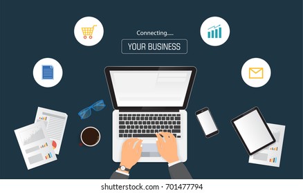 Hands typing text on the computer laptop keyboard and using smartphone, tablet for communication and business icon. Technology and business concept. Online shopping.