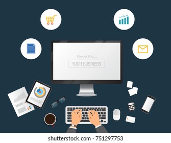 Hands typing text on the computer laptop keyboard and using smartphone, tablet for communication and business icon. Technology and business concept. Online shopping.