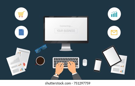 Hands typing text on the computer laptop keyboard and using smartphone, tablet for communication and business icon. Technology and business concept. Online shopping.