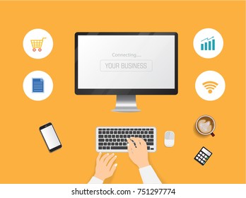 Hands typing text on the computer laptop keyboard and using smartphone, tablet for communication and business icon. Technology and business concept. Online shopping.