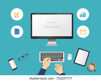 Hands typing text on the computer laptop keyboard and using smartphone, tablet for communication and business icon. Technology and business concept. Online shopping.
