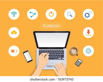 Hands typing text on the computer laptop keyboard and using smartphone, tablet with technology icon. Technology concept.