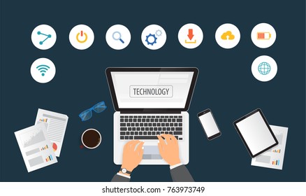 Hands typing text on the computer laptop keyboard and using smartphone, tablet with technology icon. Technology concept.