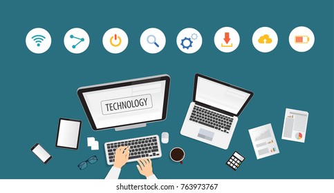 Hands typing text on the computer laptop keyboard and using smartphone, tablet with technology icon. Technology concept.