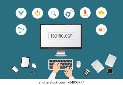 Hands typing text on the computer laptop keyboard and using smartphone, tablet with technology icon. Technology concept.