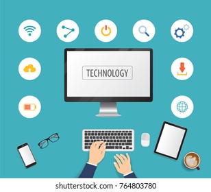 Hands typing text on the computer laptop keyboard and using smartphone, tablet with technology icon. Technology concept.