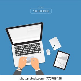 Hands typing text on the computer laptop keyboard and using smartphone, tablet for communication. Technology and business concept. Online shopping.