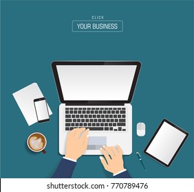 Hands typing text on the computer laptop keyboard and using smartphone, tablet for communication. Technology and business concept. Online shopping.