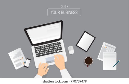 Hands typing text on the computer laptop keyboard and using smartphone, tablet for communication. Technology and business concept. Online shopping.