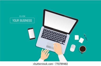 Hands typing text on the computer laptop keyboard and using smartphone, tablet for communication. Technology and business concept. Online shopping.
