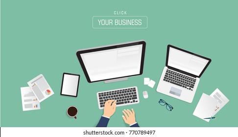 Hands typing text on the computer laptop keyboard and using smartphone, tablet for communication. Technology and business concept. Online shopping.