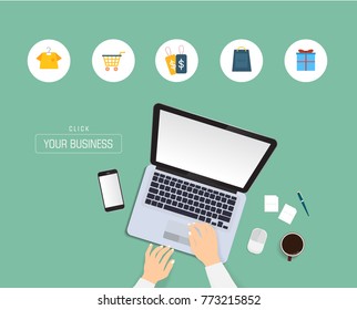 Hands typing text on the computer laptop keyboard and using smartphone, tablet for communication and business icon. Technology and business concept. Online shopping.