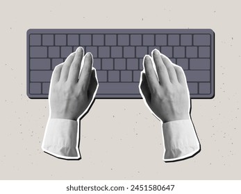 Hands typing text on the keyboard, top view. Vector illustration in a modern collage style