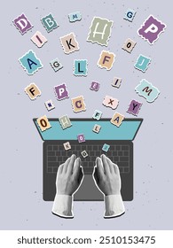 Hands typing text on the keyboard of an open laptop, top view. Vector illustration in a modern collage style