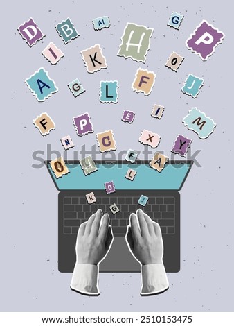 Hands typing text on the keyboard of an open laptop, top view. Vector illustration in a modern collage style