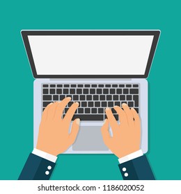 Hands Typing Text On The Laptop Keyboard. Top View - Stock Vector.