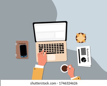 Hands typing text on the laptop keyboard and using social networks for communication. Top view of people working with computer at the work desk