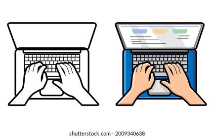 Hands typing text on the laptop keyboard coloring page for kids