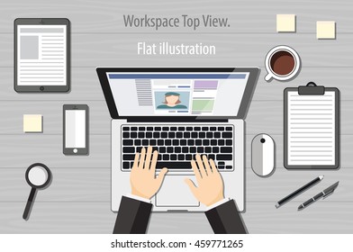 hands typing text on the laptop keyboard and using social networks for communication. Top view of people working with computer at the work desk art vector