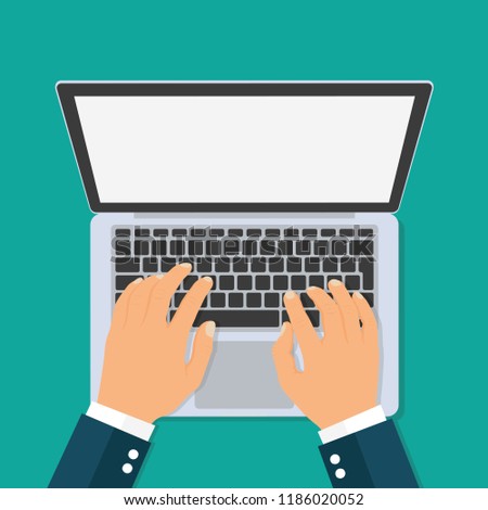 Hands typing text on the laptop keyboard. Top view - stock vector.