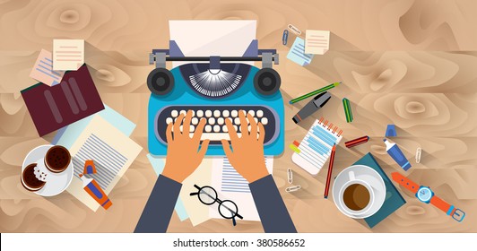 Hands Typing Text Writer Author Blog Typewrite Wooden Texture Desk Top Angle View Flat Vector Illustration