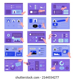 Hands ui programming. Designers creating app interfaces web templates marketing set recent vector illustrations uix