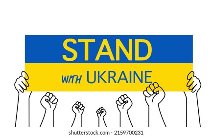 Hands with Ukraine flag and stand with Ukraine text in flat style vector for banner, poster etc.