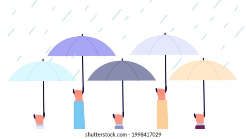 Hands with umbrellas. Rain storm, flood in city. Business safety or insurance metaphor. Life protection, autumn rainy weather utter vector banner