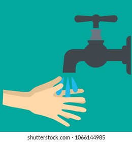 Hands under falling water out of tap. Man washes hands, hygiene, water preservation. Vector illustration in flat style