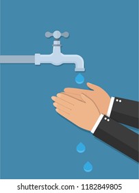 Hands under falling water out of tap. Man washes hands. Flat style
