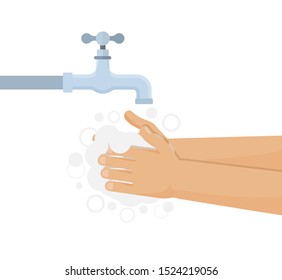 Hands under falling water out of tap. Man washes hands. Flat style
