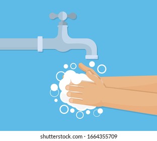 Hands under falling water out of tap. Man washes hands. Flat style