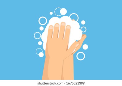 Hands under falling water out of tap. Man washes hands. Flat style