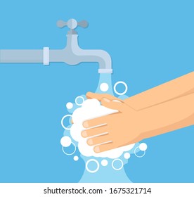 Hands Under Falling Water Out Of Tap. Man Washes Hands. Flat Style