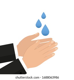 Manos bajo el agua cayendo del grifo. El hombre se lava las manos, la higiene. Ilustración del vector en estilo plano
