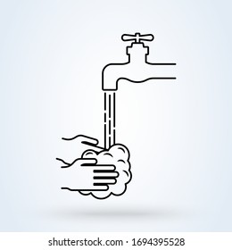 Hands under falling water out of tap. Disinfection, skin care. Antibacterial washing icon. Vector illustration