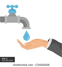 Hands under falling water out of tap. Man washes hands, hygiene..