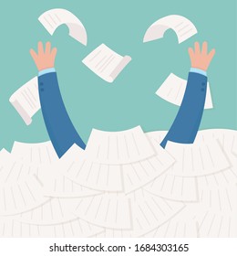 mano bajo papeleo empleado exceso de trabajo ilustración vectorial
