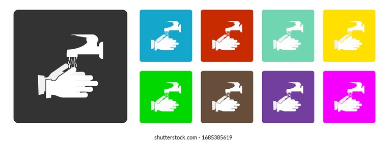 Hands under the tap with water, colored icons on a light background.