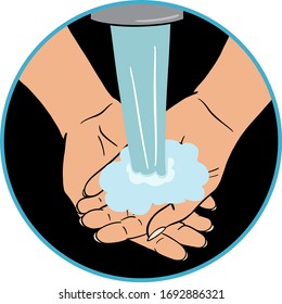 Hände unter Wasser in einem Kreis auf schwarzem Hintergrund, Hygieneaufruf während der Koronavirus-Periode, Covid-19, waschen Sie sich die Hände