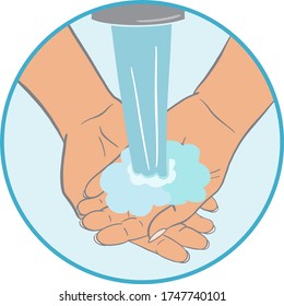 hands under water in a circle on a blue background, sticker of the call for personal hygiene, the coronavirus period, covid-19, wash your hands, keep our hands clean, personal care