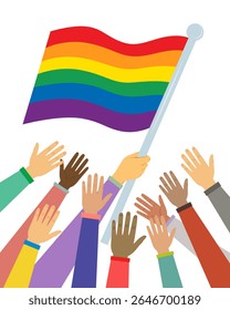 Hands Unite as one and rainbow Pride flag. Celebrates LGBT pride month. Illustration, Poster, Vector , Background or wallpaper. Illustration Vector Cartoon.