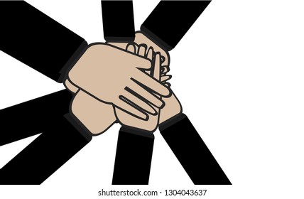 Hands united and stacks together in teamwork.