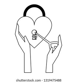 hands unlocking heart padlock black and white
