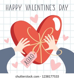 Hands unpacked a gift box with a bow. Valentine's day. Vector illustration